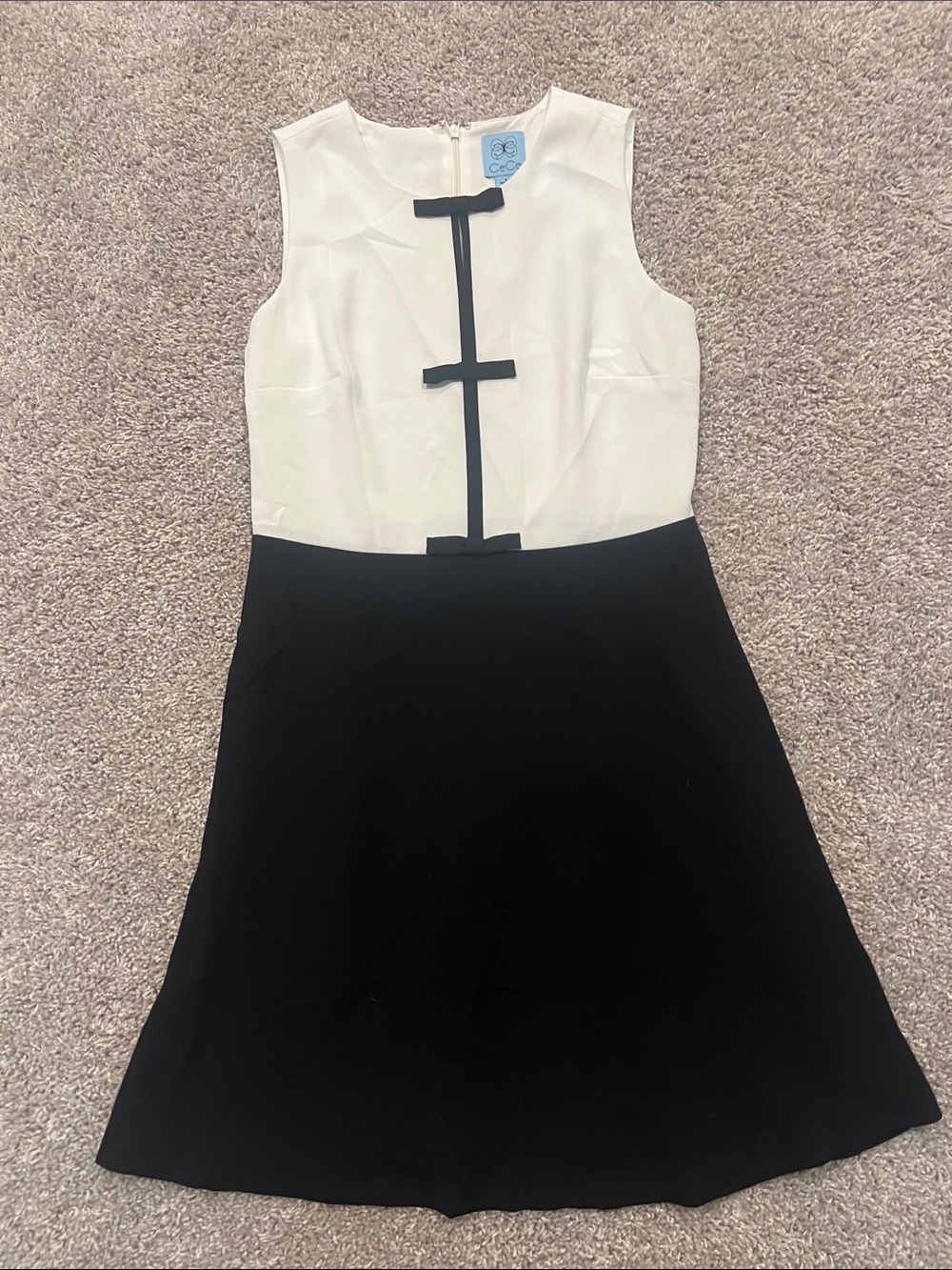 CeCe Black and White Sleeveless Midi Dress with Contrast Trim